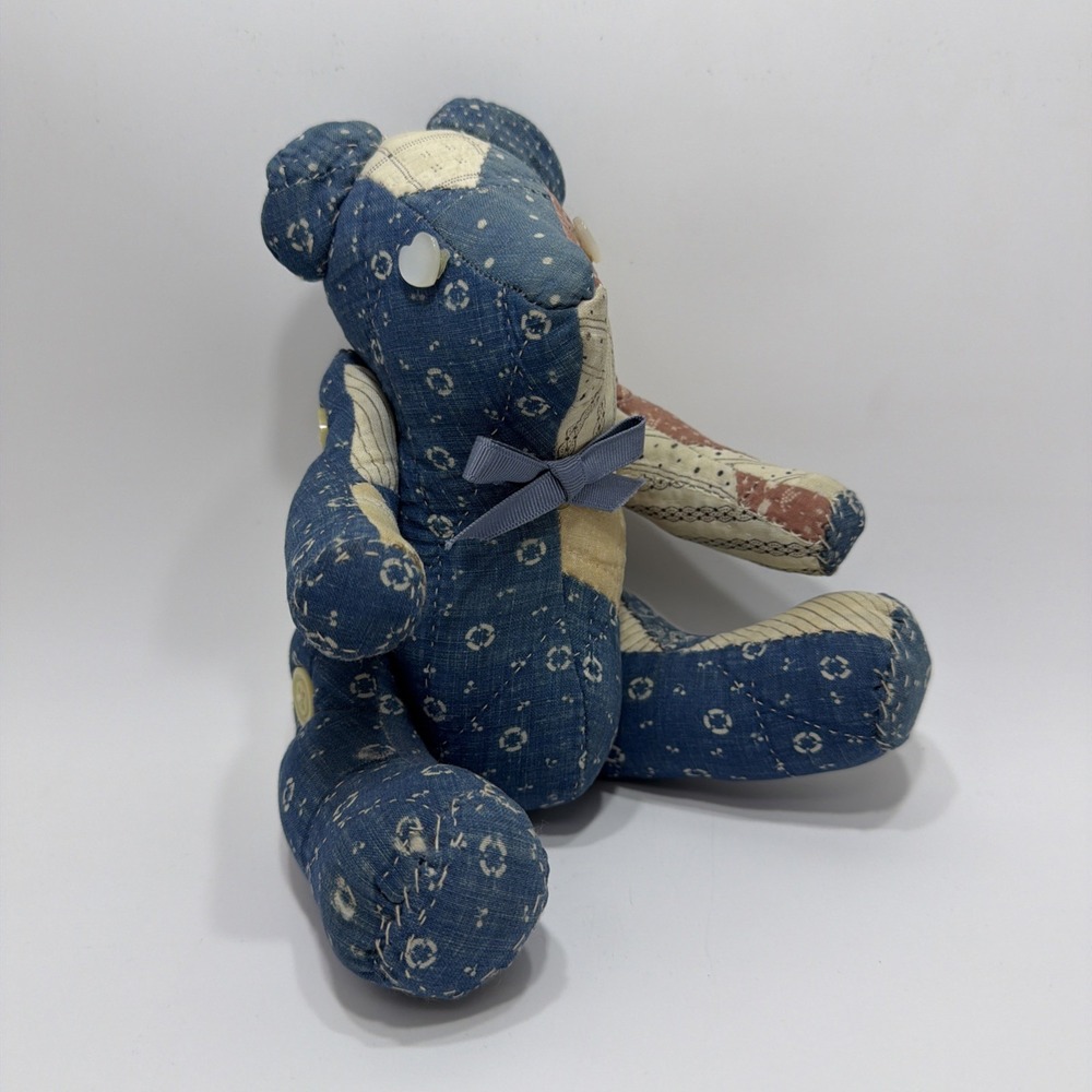 Vintage Patchwork Cloth Teddy Bear Articulated Arms Legs Heart Eyes Blue Brown